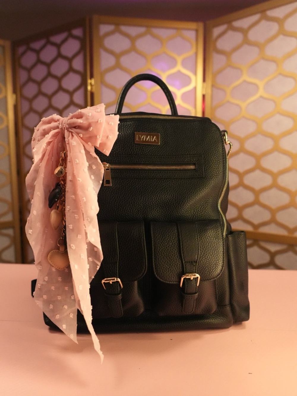 *RARE FIND* LYMIA Black Leather Backpack with Pink Scarf Accent